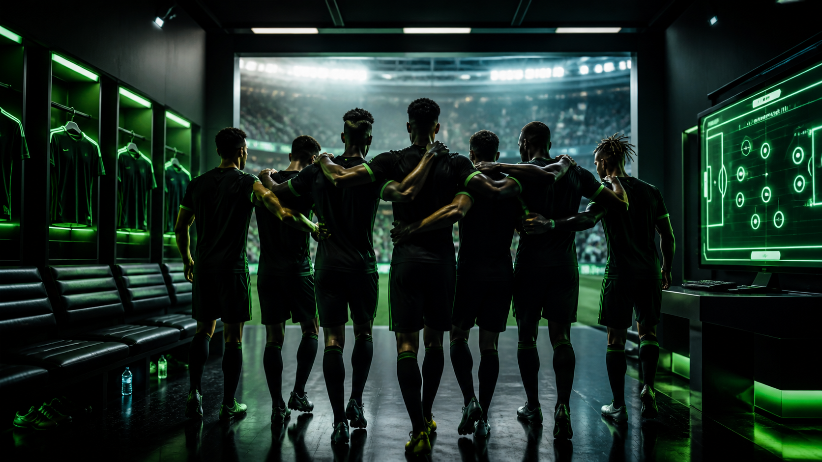 Elenco reunido no vestiário antes de entrar em campo