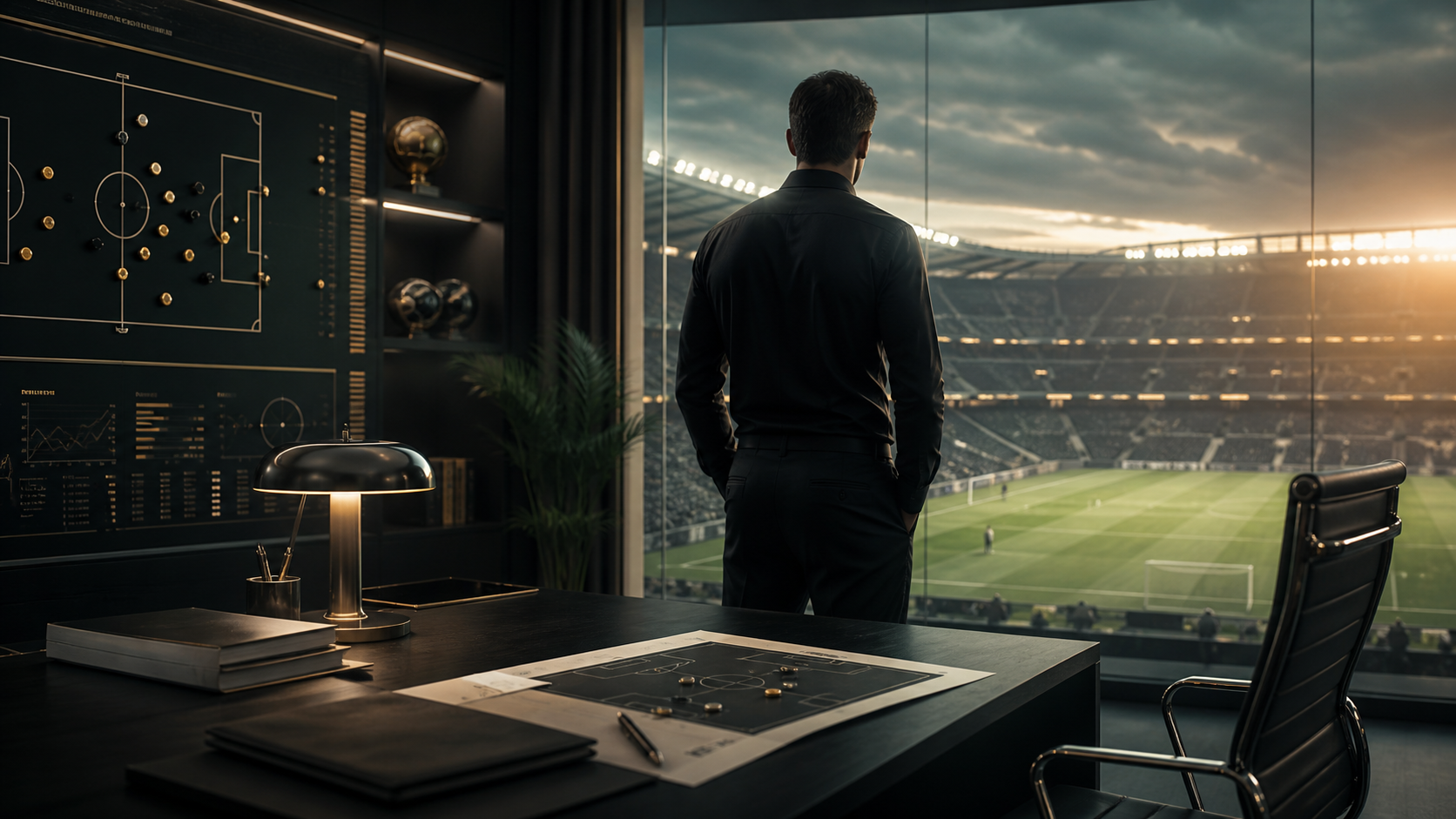 Treinador observando o estádio a partir de seu escritório