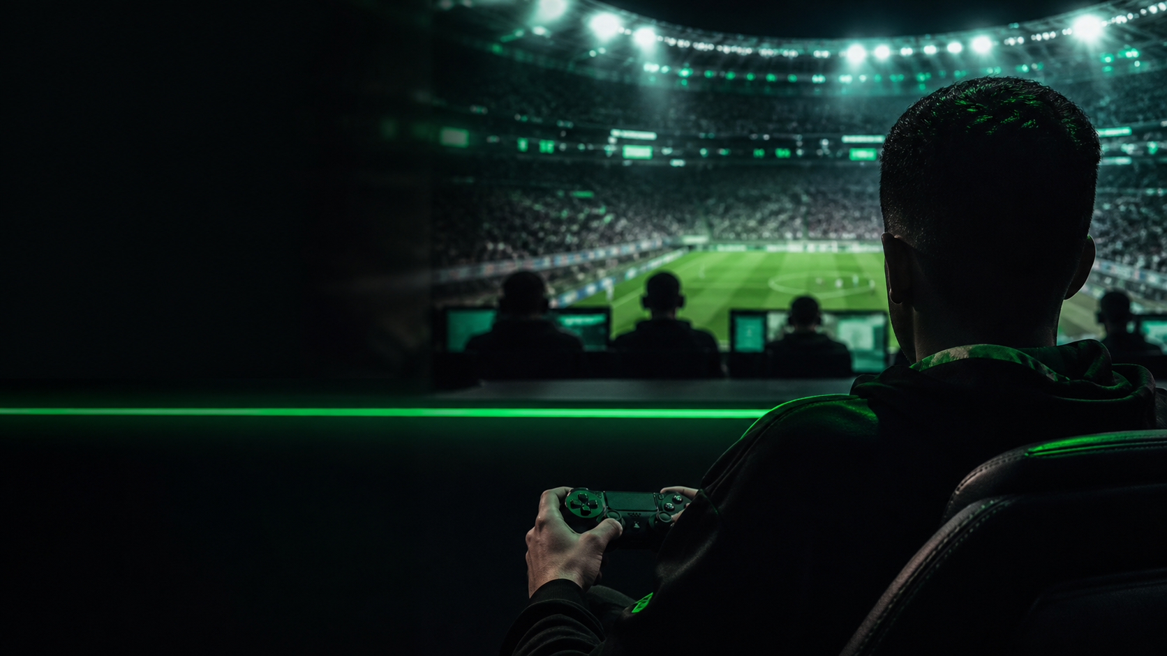 Jogador com controle acompanhando uma partida virtual em uma arena