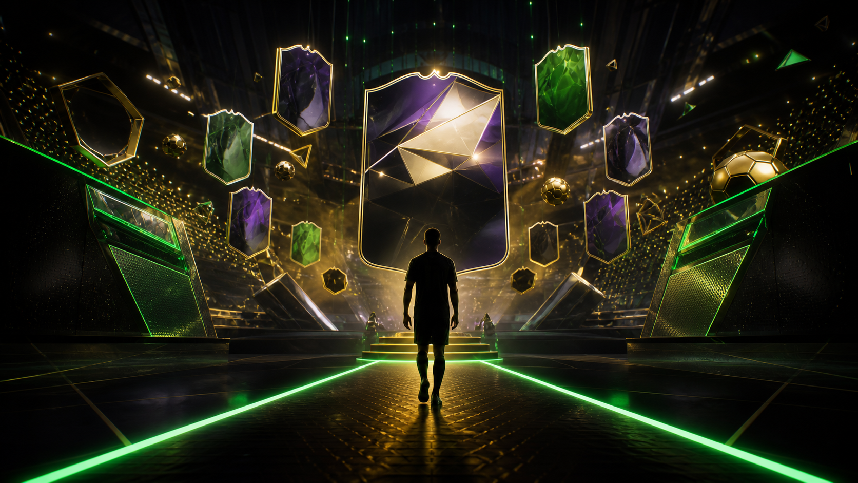 Jogador diante de uma arena futurista de cartas de futebol